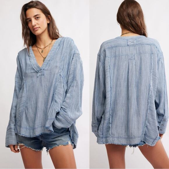 Free People Bohemian By The Shore Tunic Shirt in Indigo Stripe Size XL Coastal - Picture 2 of 11